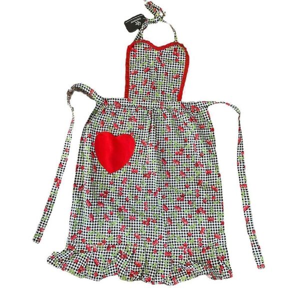 Cherry Apron Retro Black Gingham Red Heart Pocket Red Cherry Khmer Krafts Brand - Picture 1 of 9